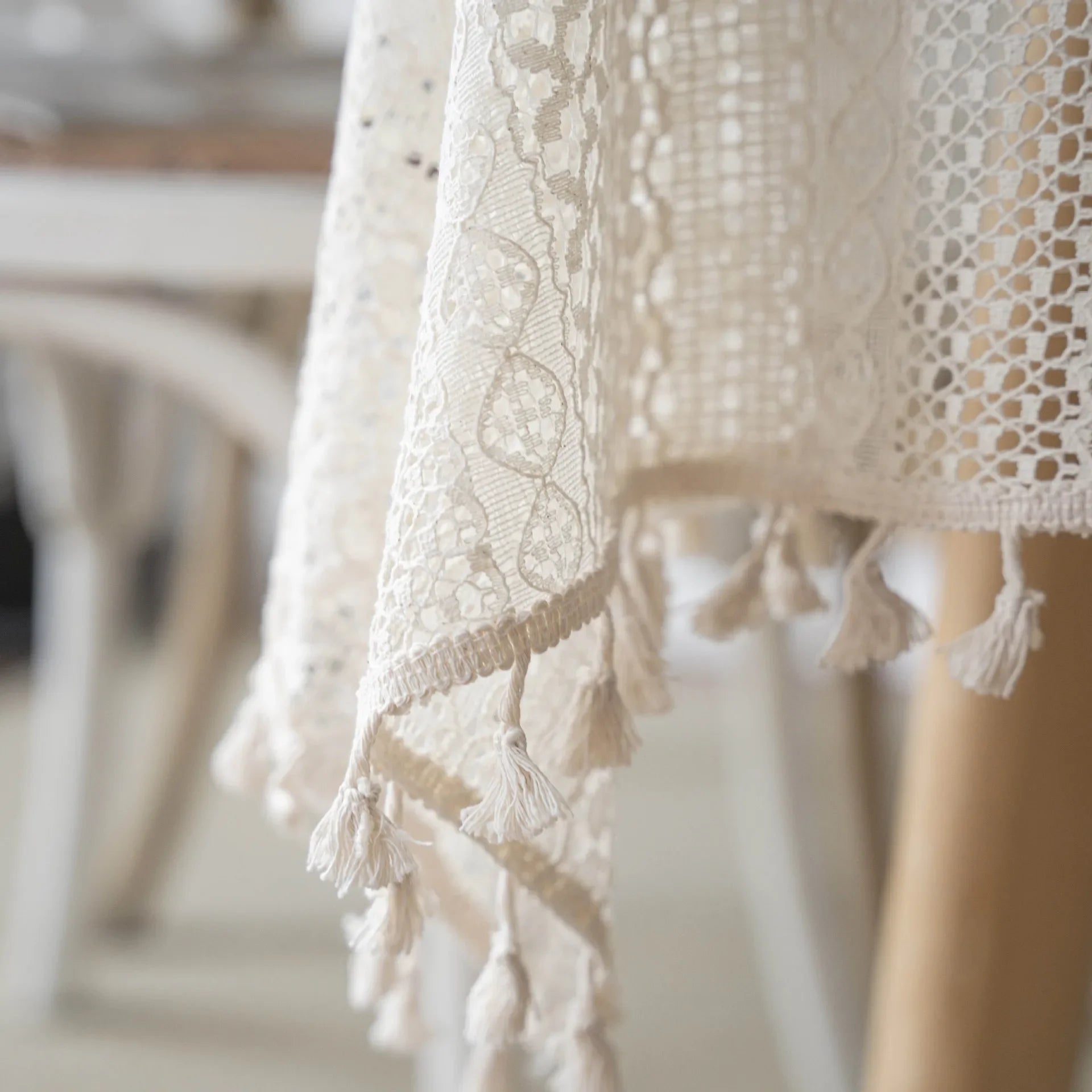 Toalha de mesa de algodão com borlas bege, fio de crochê transparente, renda translúcida para festa de casamento, cozinha, mesa de jantar decorativa