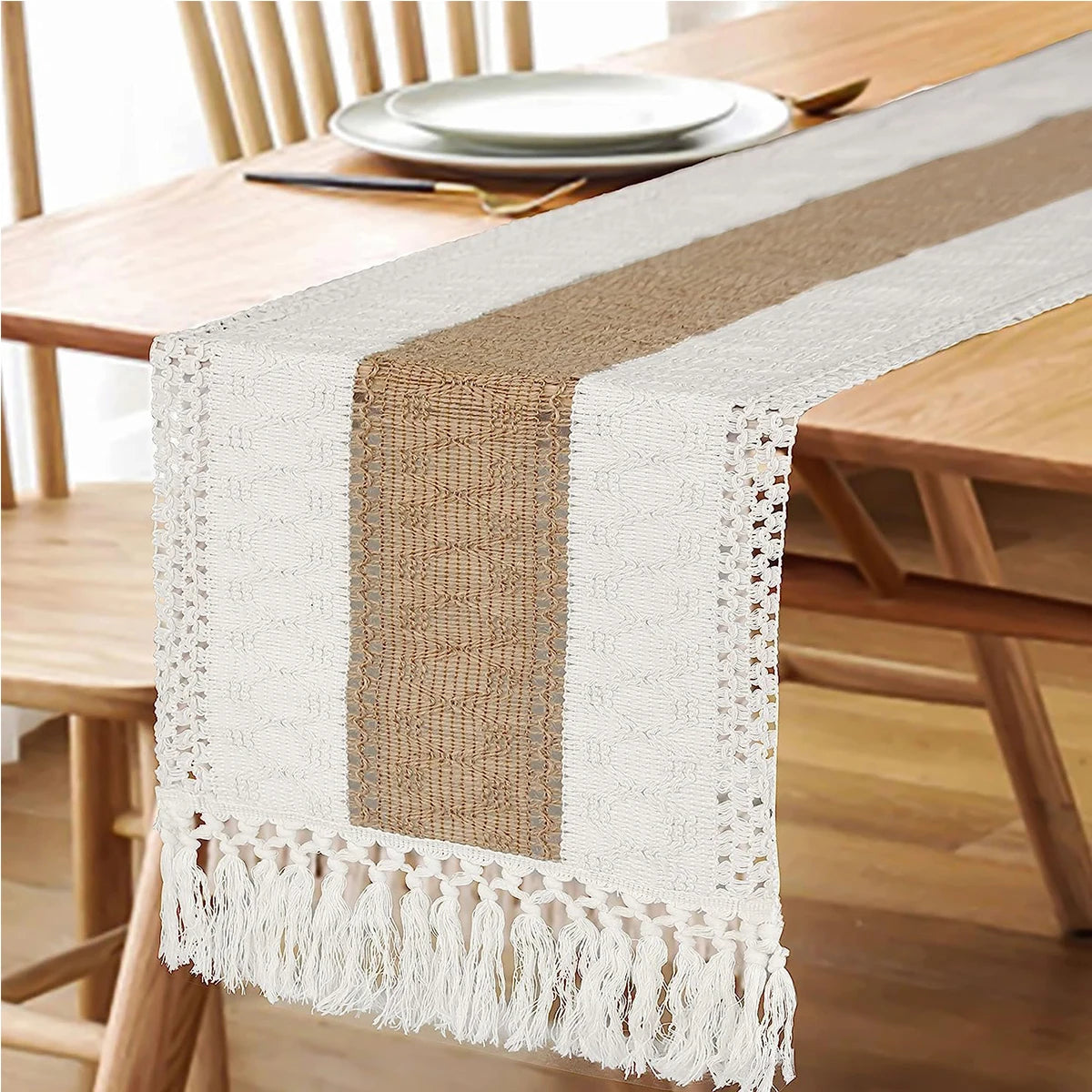 Passarela de Mesa Boho Outono com Borlas em Algodão - Casa Ornato