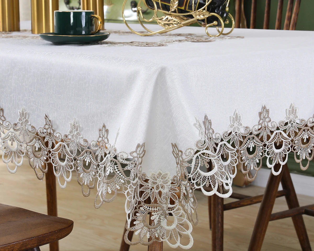 Toalha de mesa bordada de renda batilo, branca, floral, retangular, à prova d'água, para mesa de jantar, festa de casamento, casa