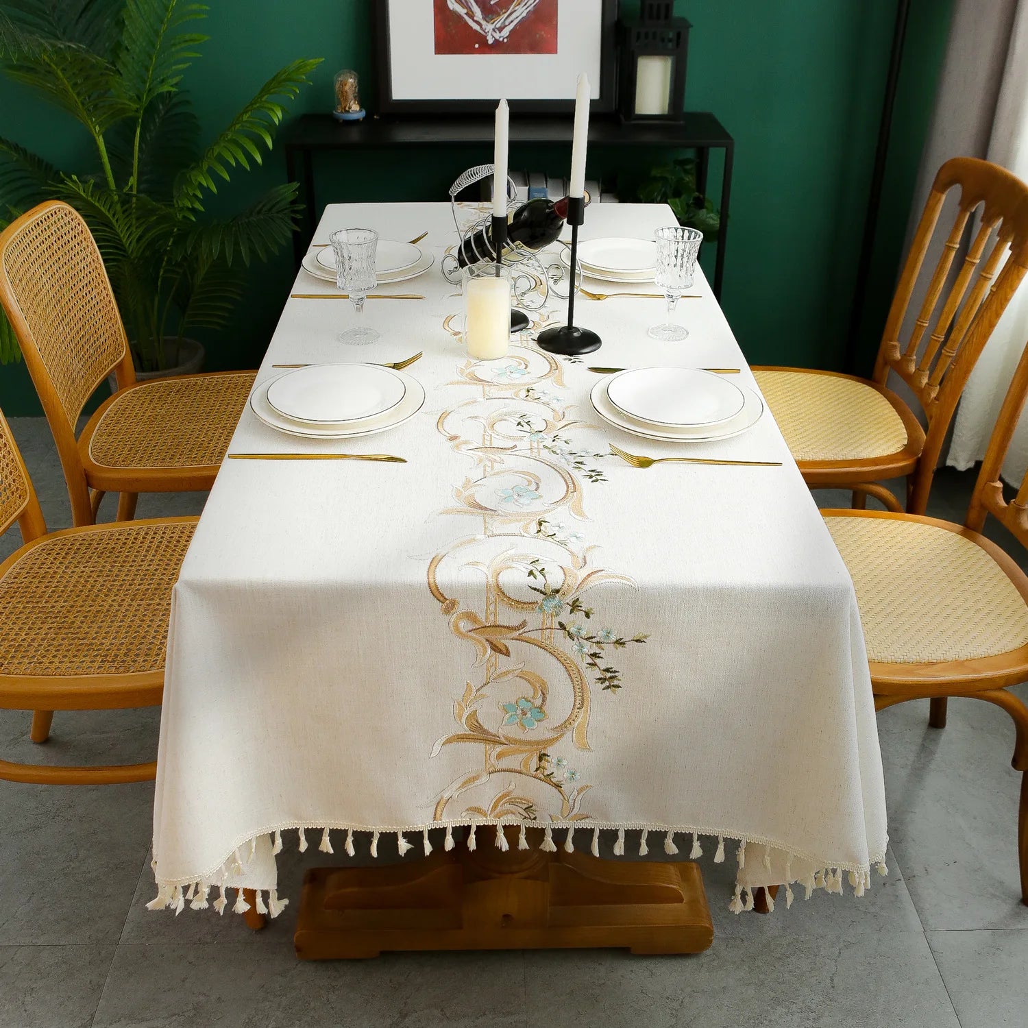 Toalhas de mesa bordadas de linho de algodão retângulo capa de mesa à prova de poeira, toalhas de mesa com padrão de flor bordada, decoração de festa