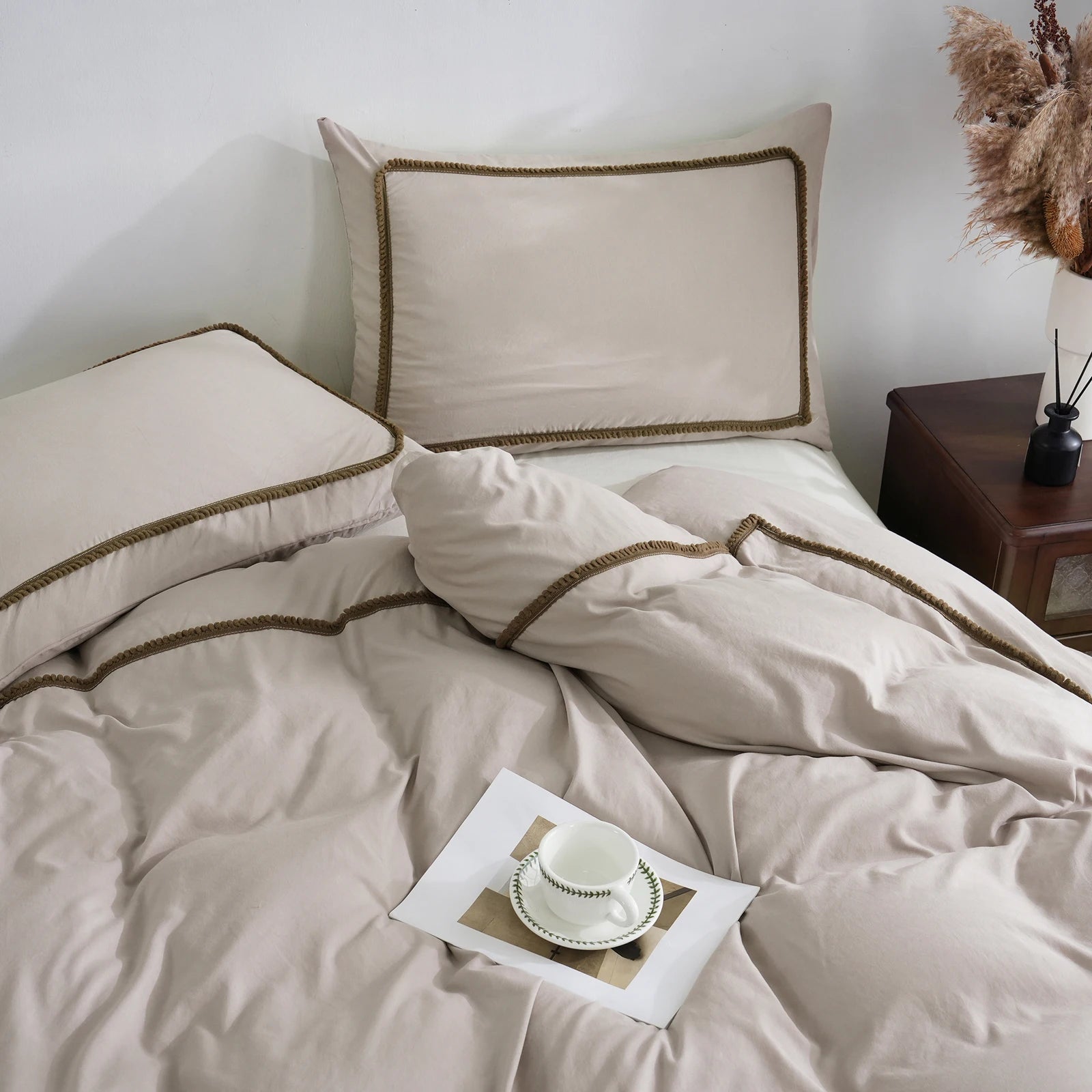 3 pçs branco e cáqui conjunto de capa edredão bola consolador capa linha geométrica conjunto cama macio leve para baixo conjunto cama toda a temporada