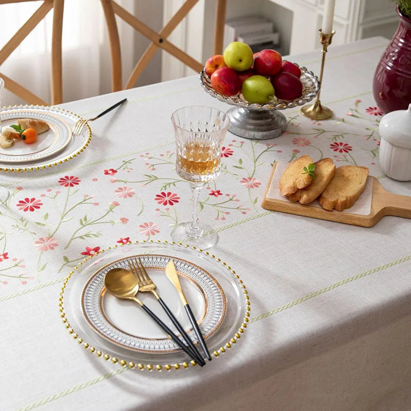Toalhas de mesa bordadas de linho de algodão retângulo capa de mesa à prova de poeira, toalhas de mesa com padrão de flor bordada, decoração de festa