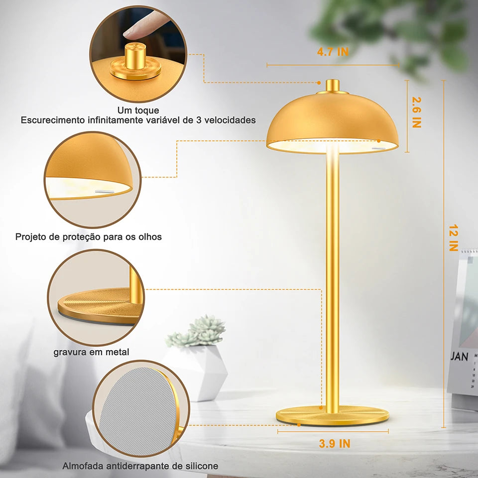 SUBORT Candeeiro de mesa para quarto Candeeiro de toque sem fios recarregável Candeeiro de campismo Cogumelo Criativo Candeeiro de ambiente Luz de ambiente USB-C Candeeiro de mesa