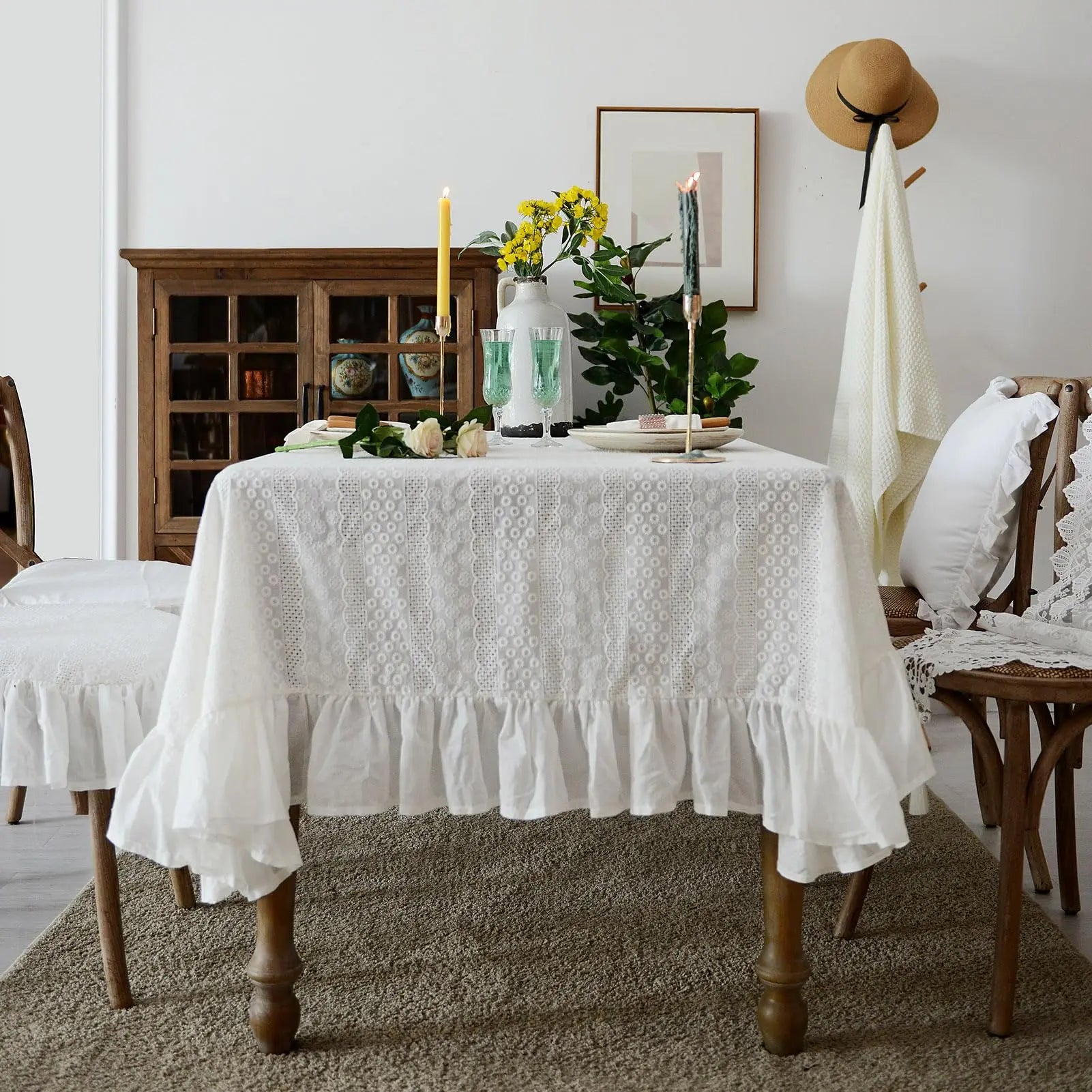 Toalha de mesa de algodão branco francês, renda bordada com babados, toalha de mesa rústica para casa, festa de feriado, natal