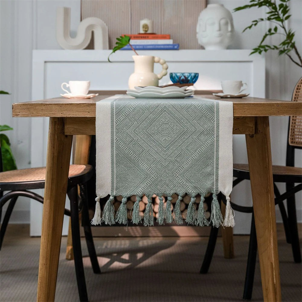 Corredor de mesa verde nórdico jacquard geométrico bandeira de mesa franja chá país toalha de mesa corredores para mesa de jantar capa decoração