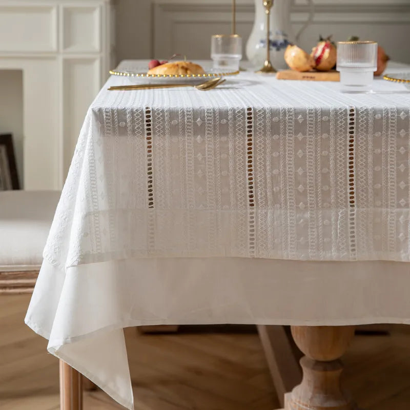 Toalha de mesa de algodão branco francês, renda bordada com babados, toalha de mesa rústica para casa, festa de feriado, natal