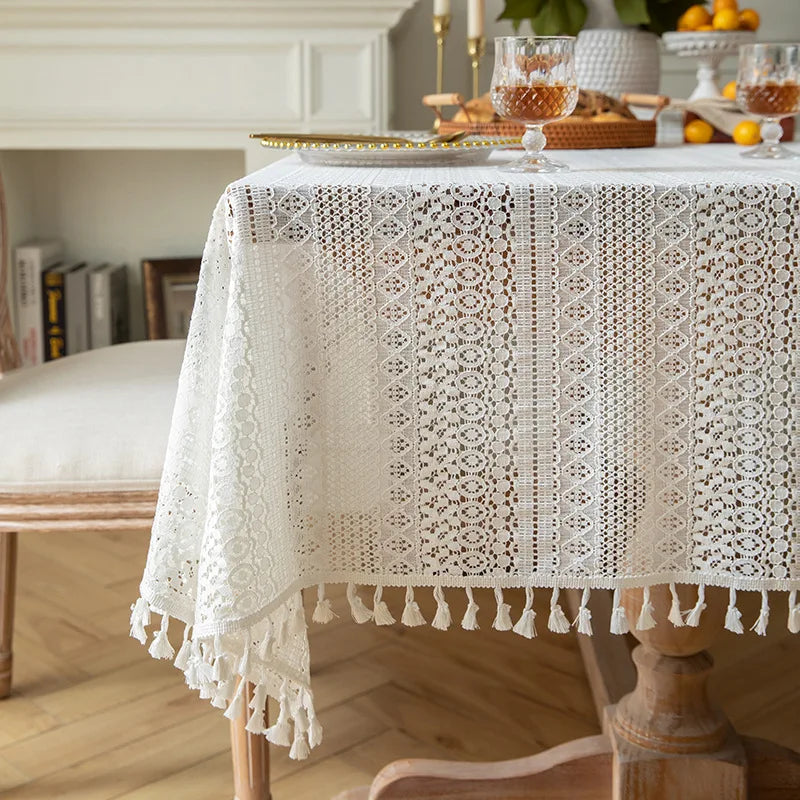 Toalha de mesa retangular de renda branca, toalha de mesa vintage com sobreposição de renda para mesa de jantar, decoração de festa de chá e casamento