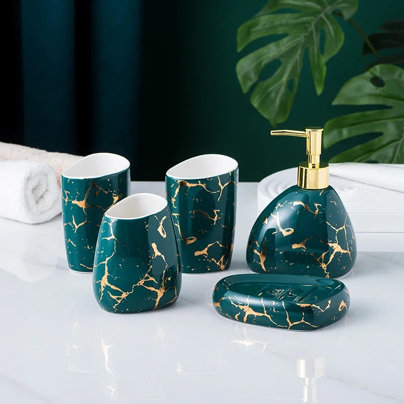 Acessórios do banheiro conjunto mármore ouro padrão cerâmica creme dental dispensador sabão caixa toothbrush titular banheiro copo loção garrafa