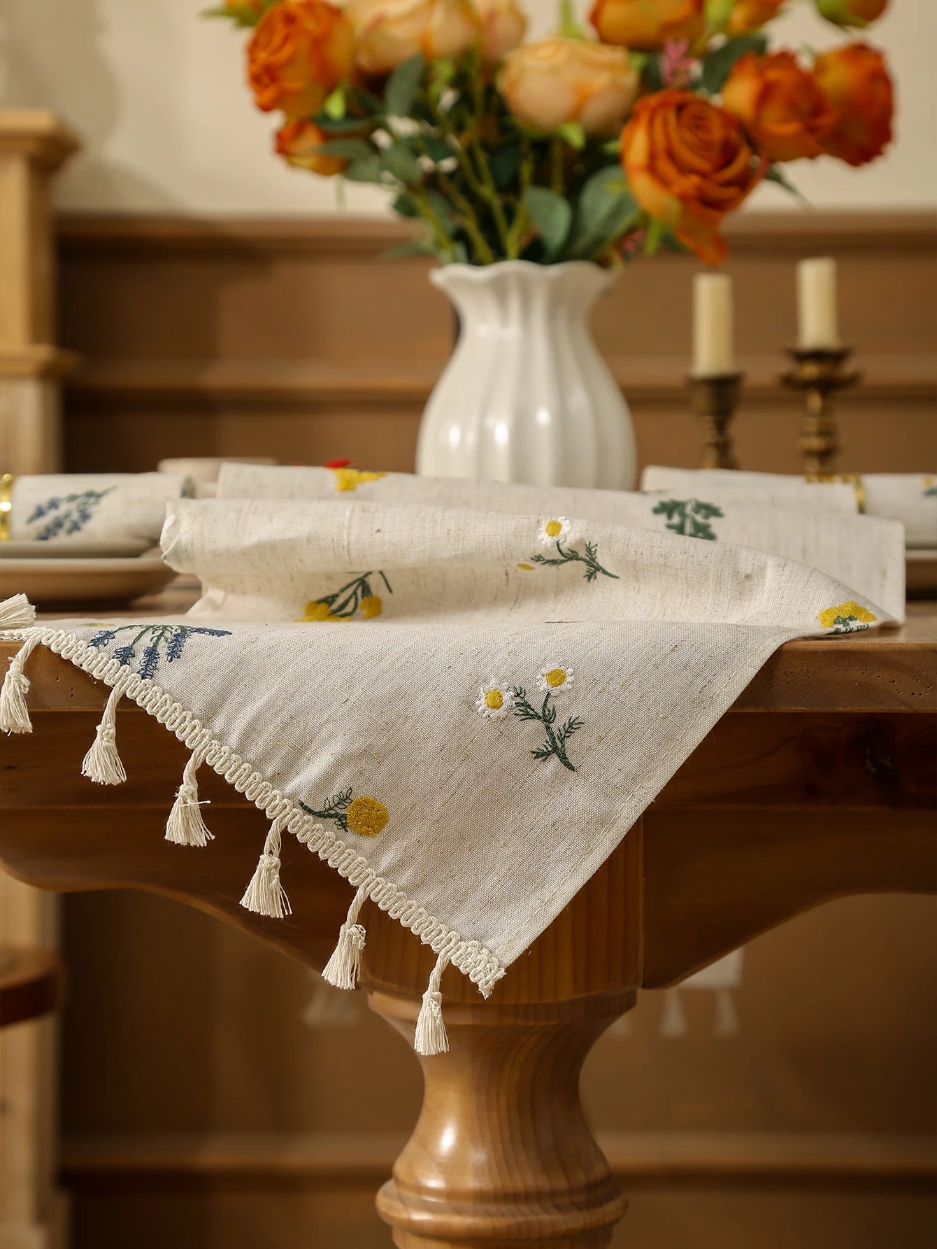 Toalha de mesa bordada com franjas de trigo, estilo rústico, mesa de jantar, cozinha, sala de estar, decoração de mesa de café