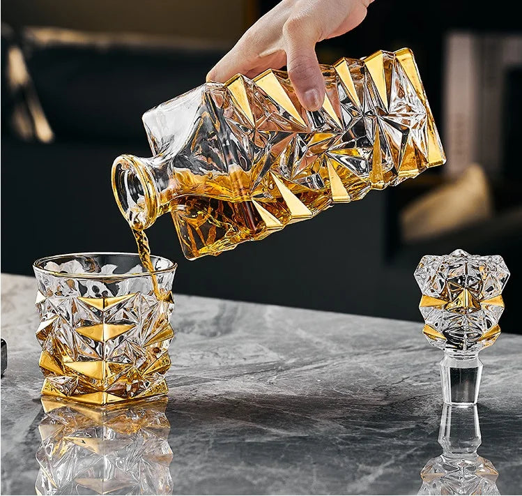 Decantador de vinho tinto de vidro de cristal, jarro de vinho estrangeiro, desenho de linha dourada, garrafa de uísque, dispensador de licor, 1 garrafa, 2 copos