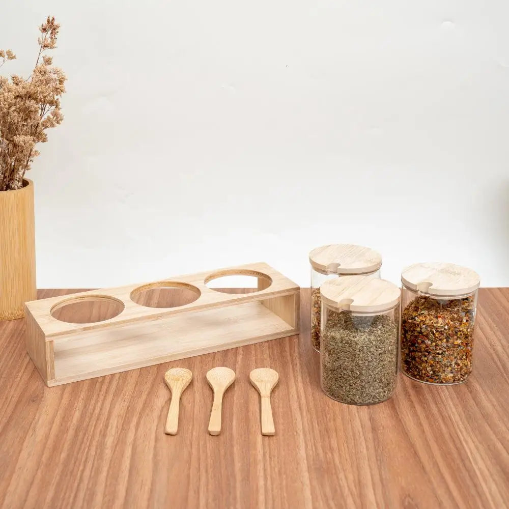Kit 3 Potes de Vidro com Tampa e Suporte de Bambu - Casa Ornato