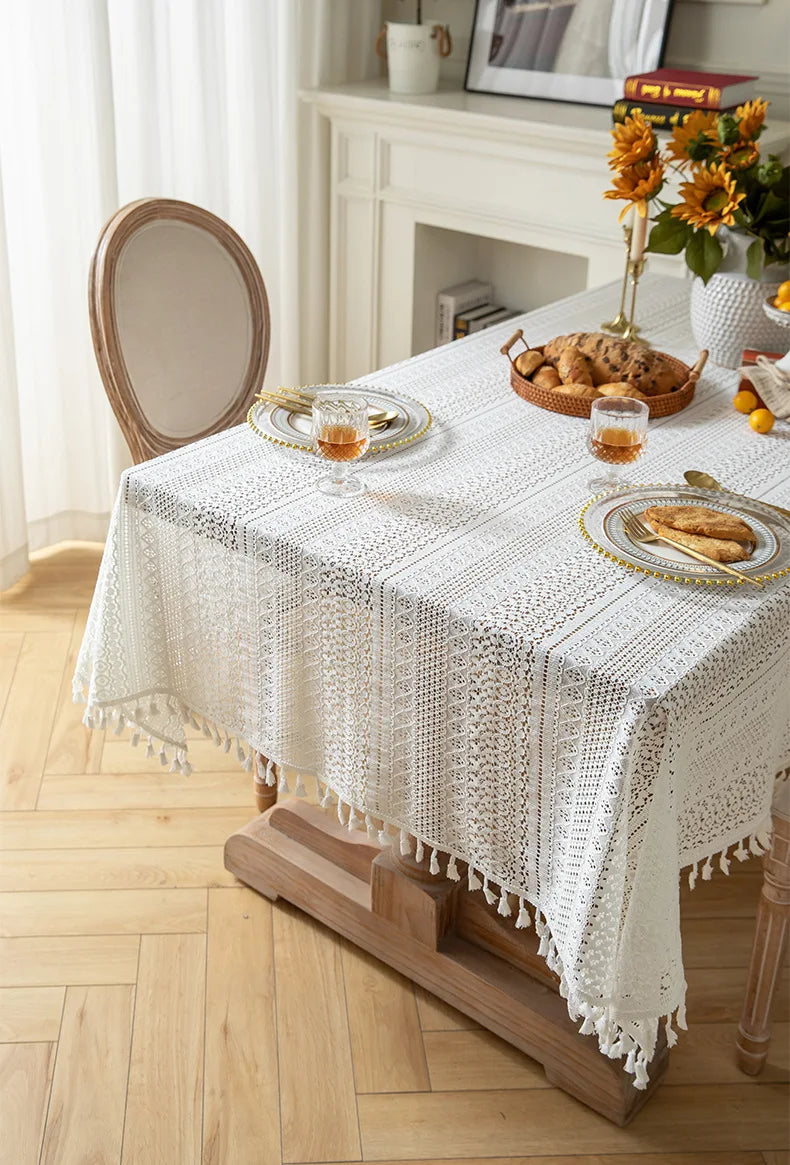 Toalha de mesa retangular de renda branca, toalha de mesa vintage com sobreposição de renda para mesa de jantar, decoração de festa de chá e casamento