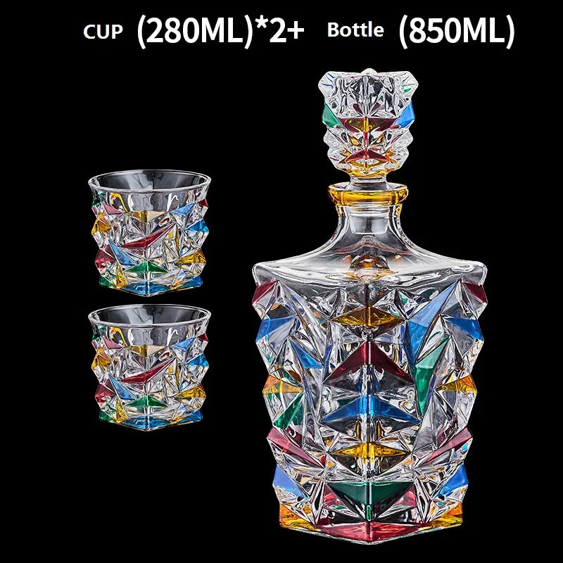 Decantador de vinho tinto de vidro de cristal, jarro de vinho estrangeiro, desenho de linha dourada, garrafa de uísque, dispensador de licor, 1 garrafa, 2 copos