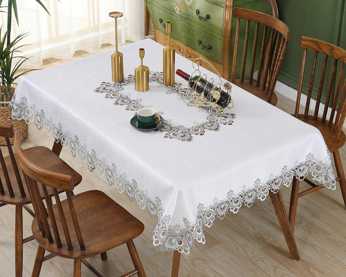 Toalha de mesa bordada de renda batilo, branca, floral, retangular, à prova d'água, para mesa de jantar, festa de casamento, casa