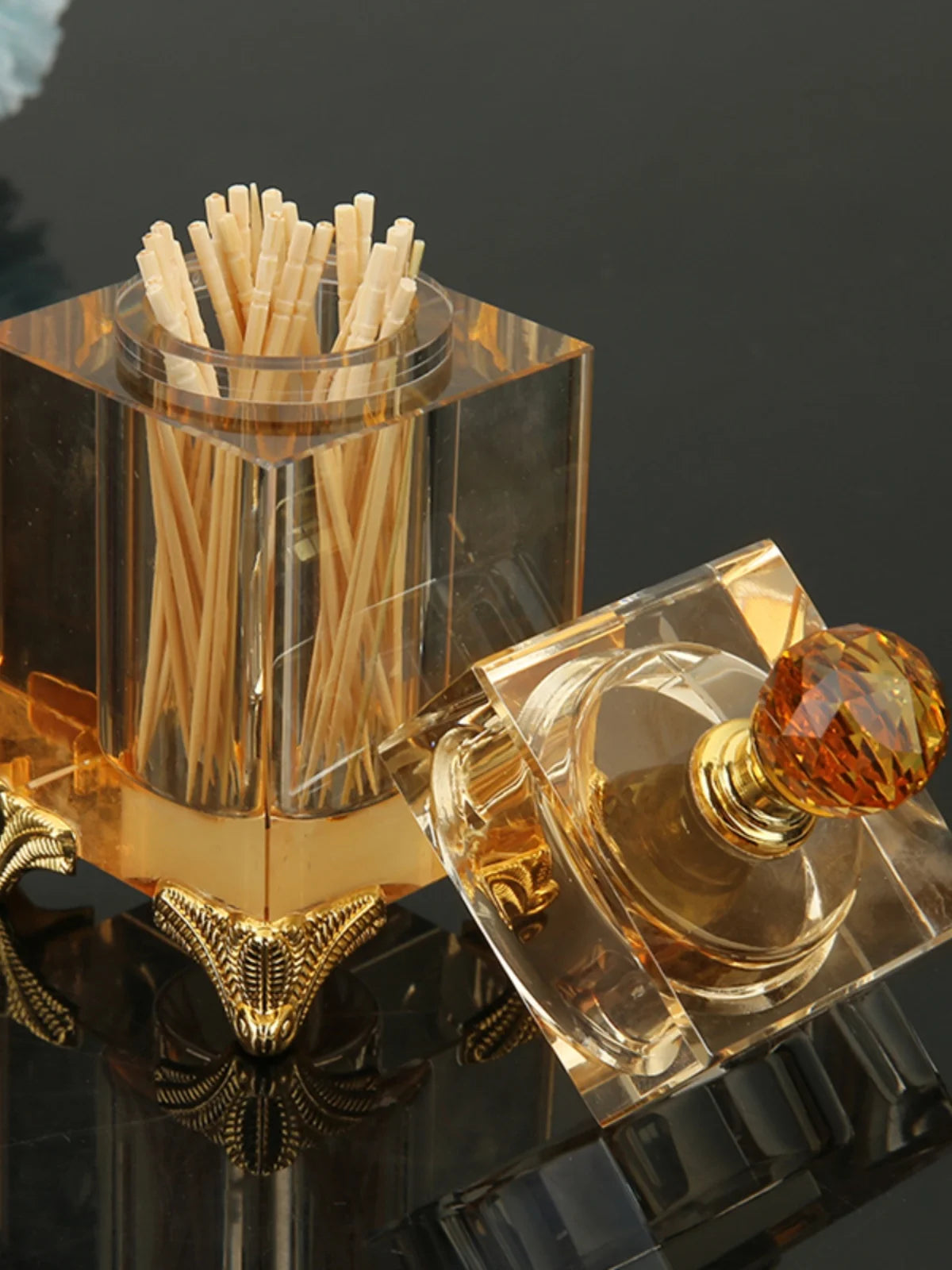 Porta-Palitos de Cristal Luxuoso com Tampa Decorativa - Casa Ornato