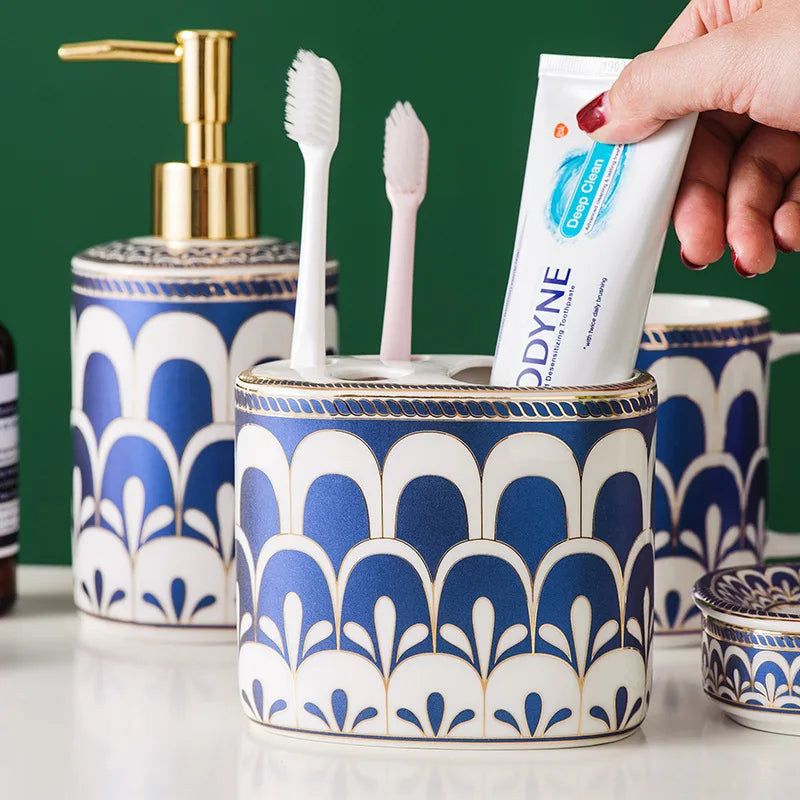 Conjunto de cinco peças de cerâmica para lavagem de banheiro, copo de enxaguatório bucal, acessórios de banheiro, dispensador de sabão, copo