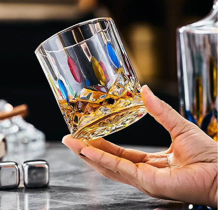 Decantador de vinho tinto de vidro de cristal, jarro de vinho estrangeiro, desenho de linha dourada, garrafa de uísque, dispensador de licor, 1 garrafa, 2 copos
