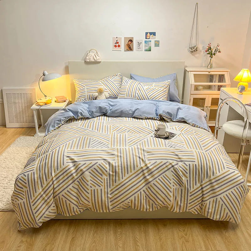 Conjunto de capa de edredom com padrão de linhas abstratas, conjunto de cama geométrica moderna, 100% algodão, capa de edredom amigável à pele com 2 fronhas