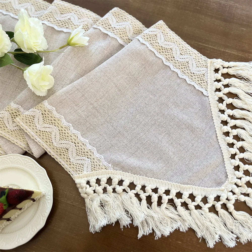 Corredor de mesa versátil, crochê, macrame, renda, borlas, bege, fazenda, pano de mesa para sala de jantar, casamento, decoração de mesa artesanal