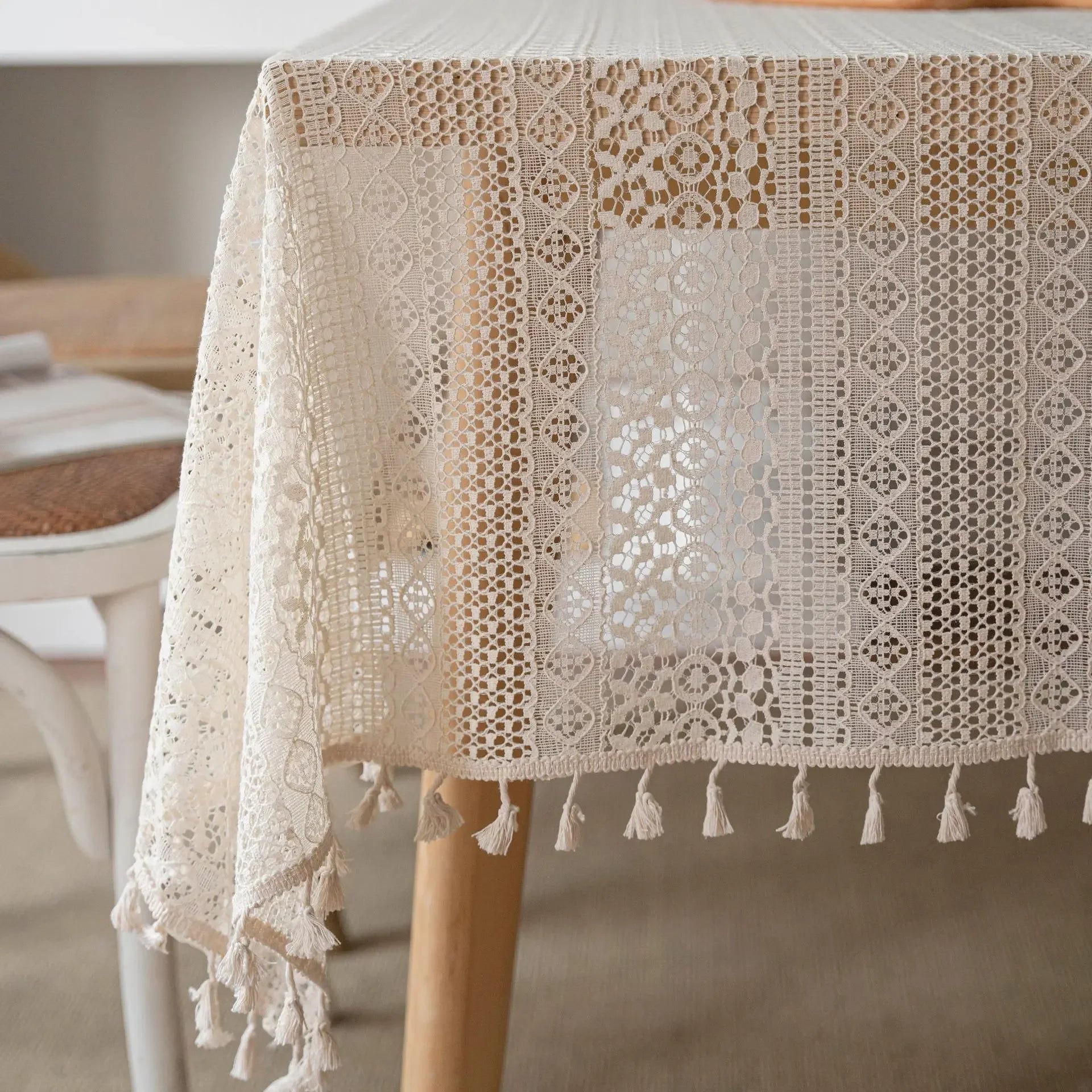 Toalha de mesa de algodão com borlas bege, fio de crochê transparente, renda translúcida para festa de casamento, cozinha, mesa de jantar decorativa