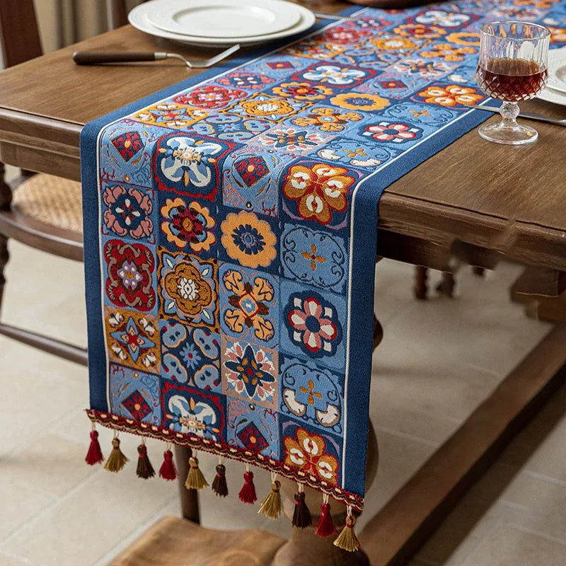 Corredor de mesa de linho elegante de designer, corredores de mesa coloridos com padrão de flores silvestres para mesas de jantar, decoração