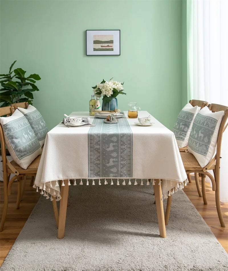 Toalha de mesa de algodão linho listra borla resistente a manchas à prova de poeira capa de mesa rústica para cozinha jantar mesa decoração de natal
