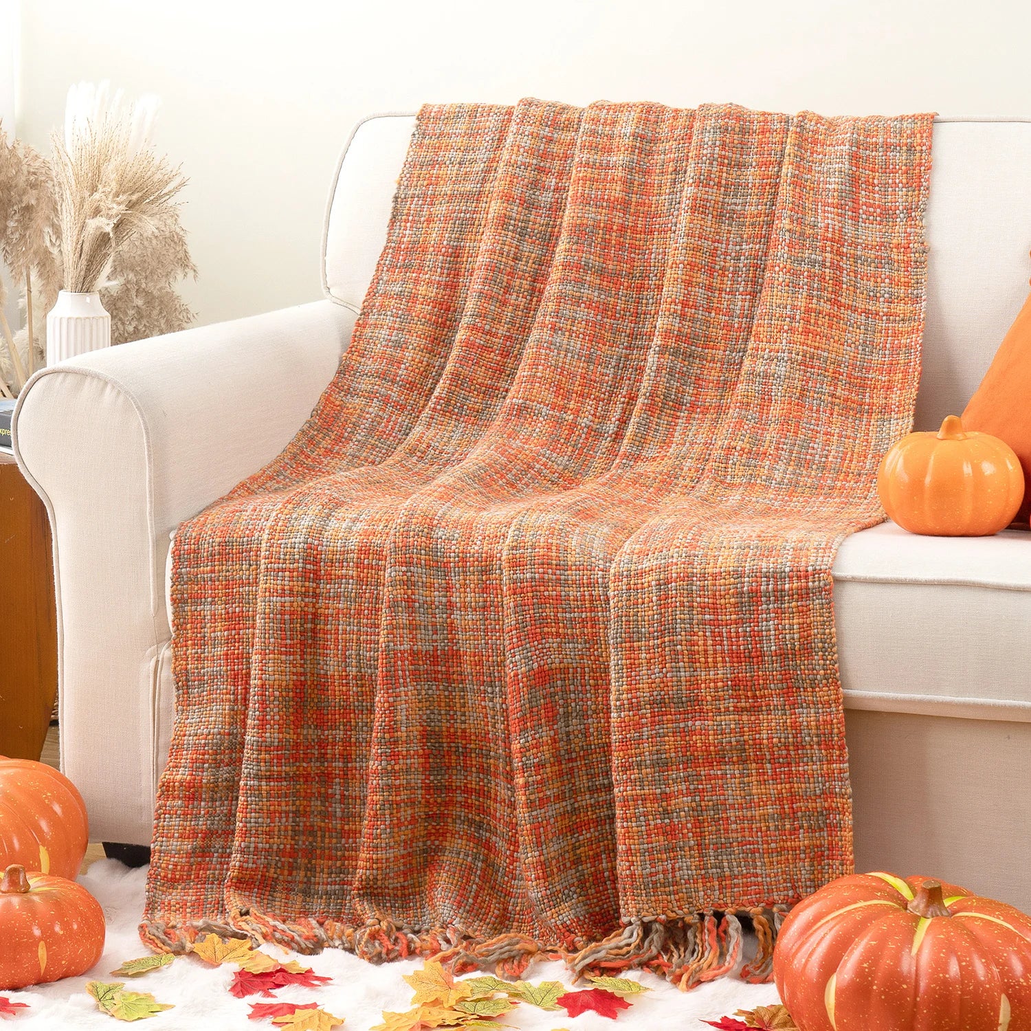 Battilo-Laranja Cobertor Boho com Borlas, cabo colorido cobertores de malha para cama, sofá decorativo outono, decoração para casa