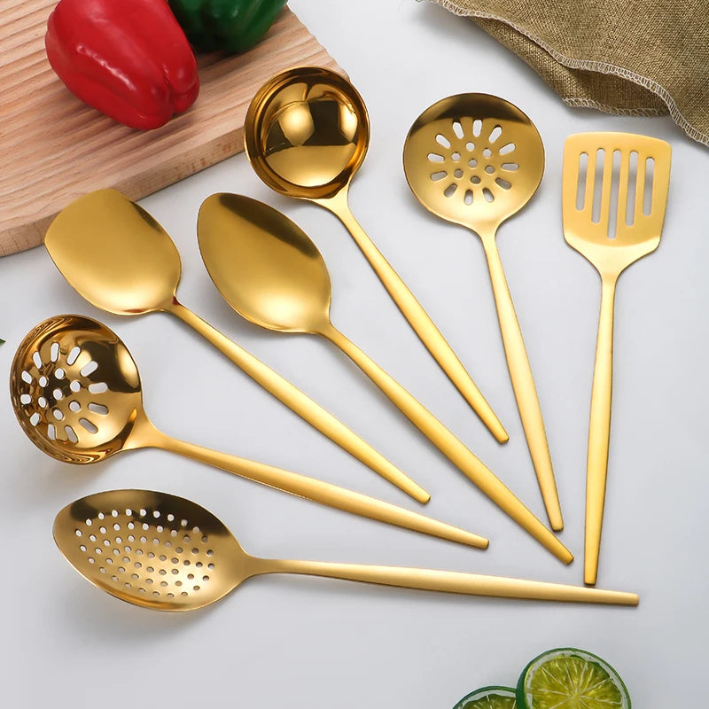 Conjunto de utensílios de cozinha utilitários de aço inoxidável, 7 peças, colher de cozinha, faca dividida doméstica, vazamento de concha de sopa, espátula de cozinha prática