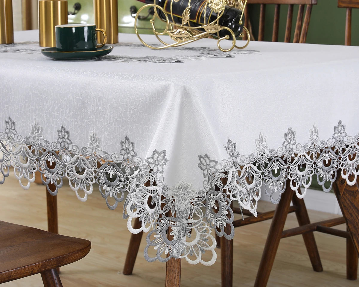 Toalha de mesa bordada de renda batilo, branca, floral, retangular, à prova d'água, para mesa de jantar, festa de casamento, casa