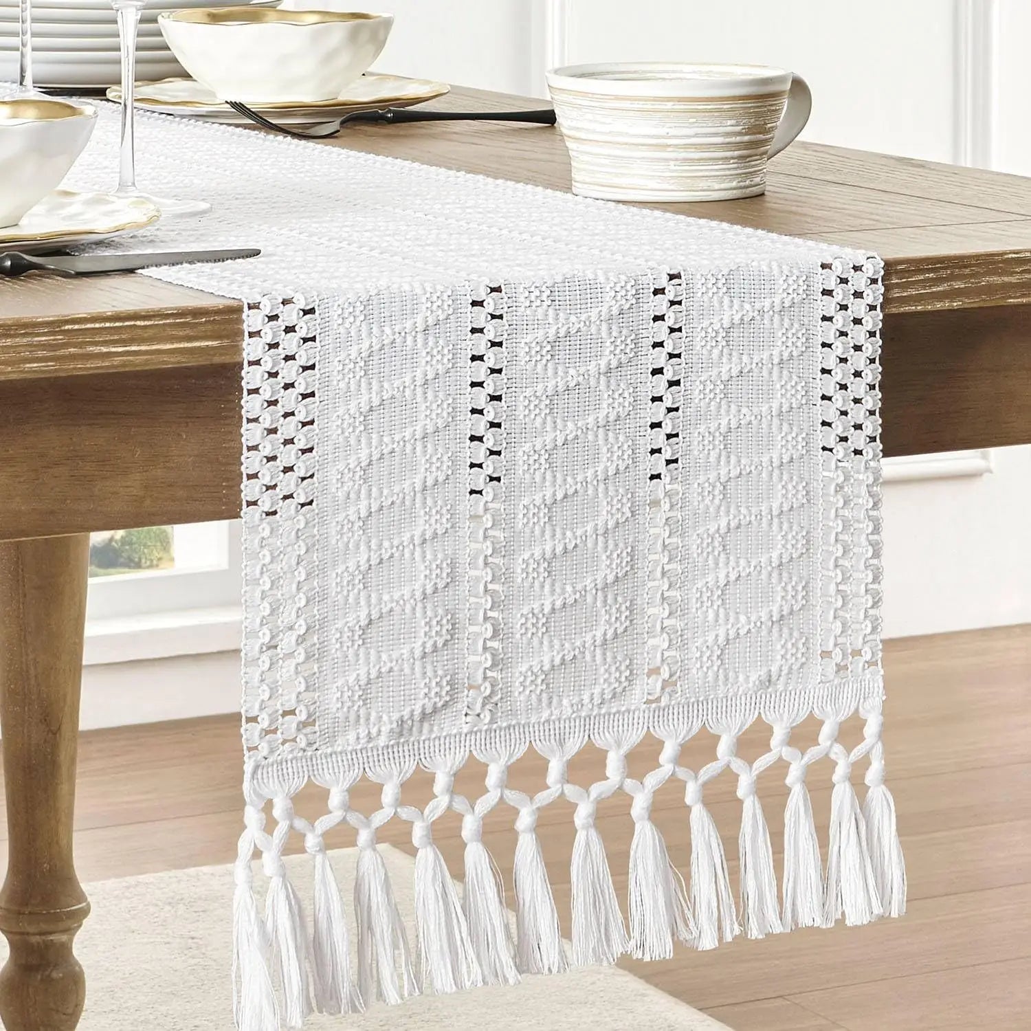 Corredor de mesa boho, corredor de mesa rústico macrame com borlas para casamento, hotel, fazenda, banquete, evento, decoração de jantar
