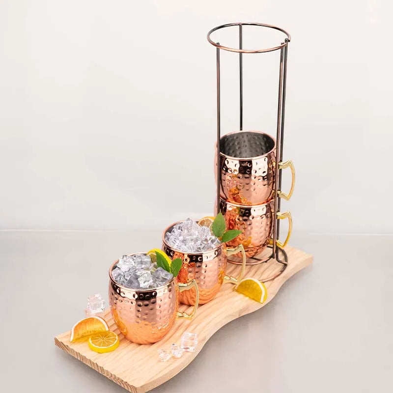 Conjunto de canecas mule de Moscou, 4 unidades, 500ml com rack de ferro – copos de cobre martelados de aço inoxidável 304 para coquetéis, cerveja, utensílios para bebidas de uísque
