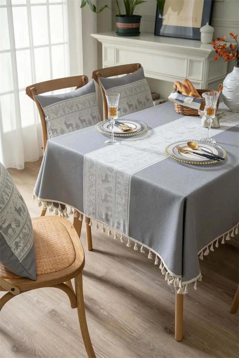 Toalha de mesa de algodão linho listra borla resistente a manchas à prova de poeira capa de mesa rústica para cozinha jantar mesa decoração de natal