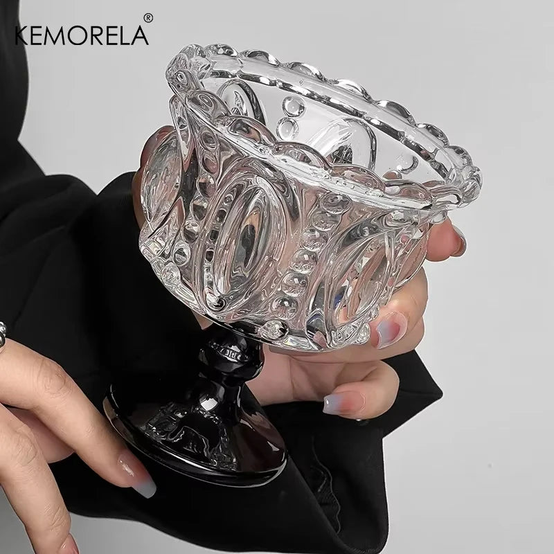 Kemorela 1/2 pçs retro em relevo copo de vidro alto canecas de uísque cristal preto casa criativa café sorvete iogurte sobremesa cálice