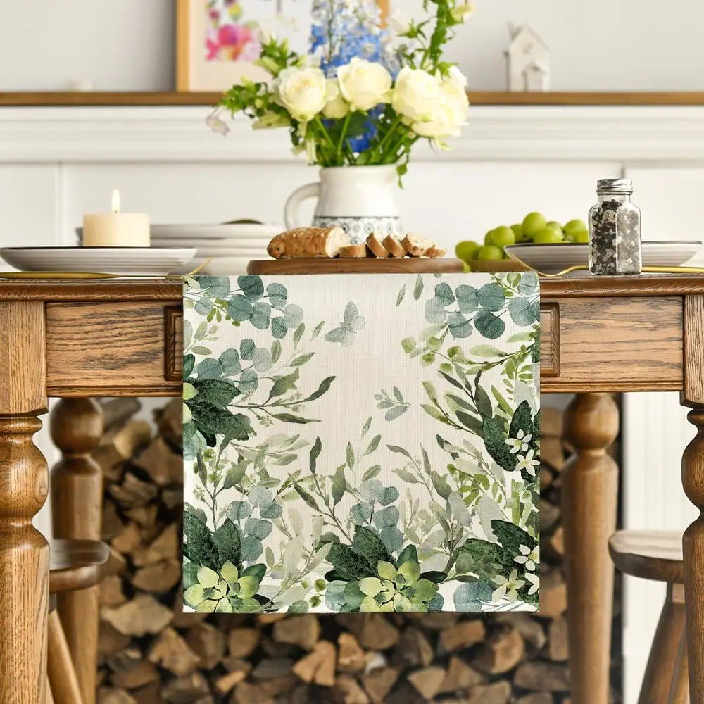 Primavera flores verdes eucalipto linho corredor de mesa festa de férias decoração fazenda cozinha mesa de jantar corredor decoração de casamento