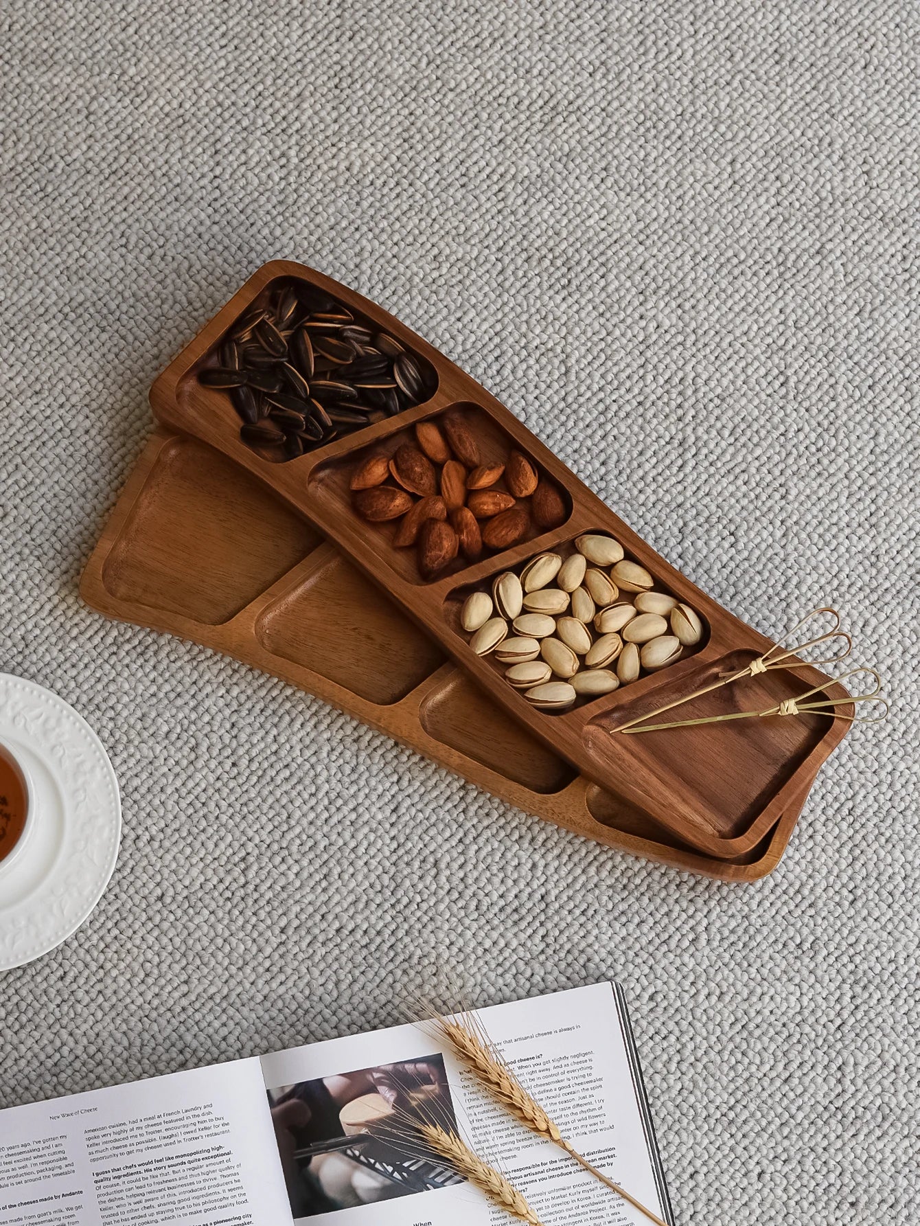 1pc de madeira três compartimentos quatro compartimentos curvo lanche placa rasa, bandeja de doces de frutas secas, tempero mergulhando placa rasa, adequado para festa de férias, jantar de família, prato de exibição de bolo de sobremesa, bandeja de biscoito de lanche de café, bandeja decorativa