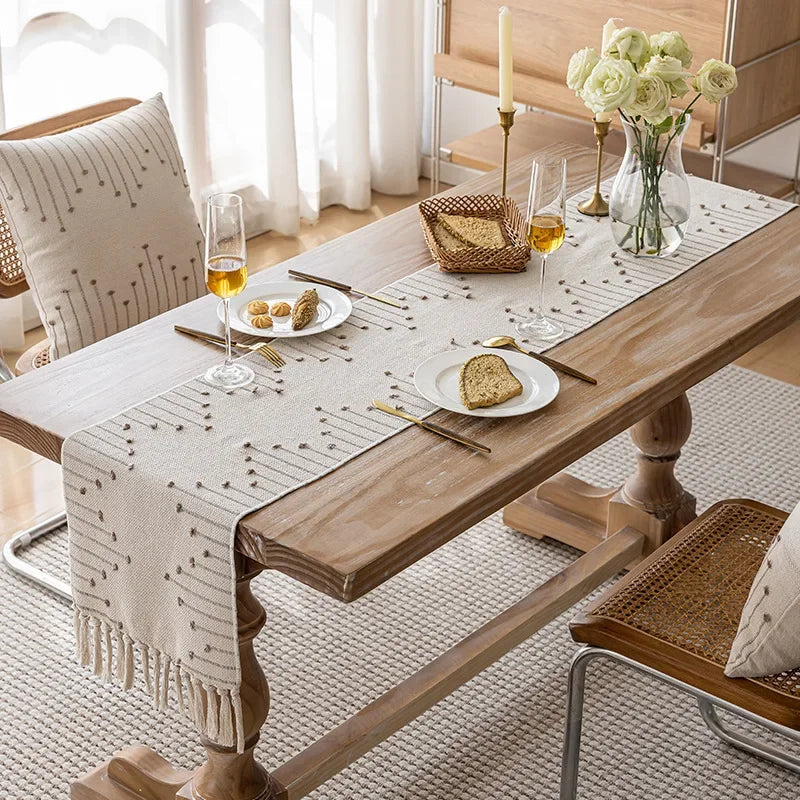 Corredor de mesa boho de algodão natural com borlas para decoração de mesa de jantar em casa, para decoração moderna de fazenda