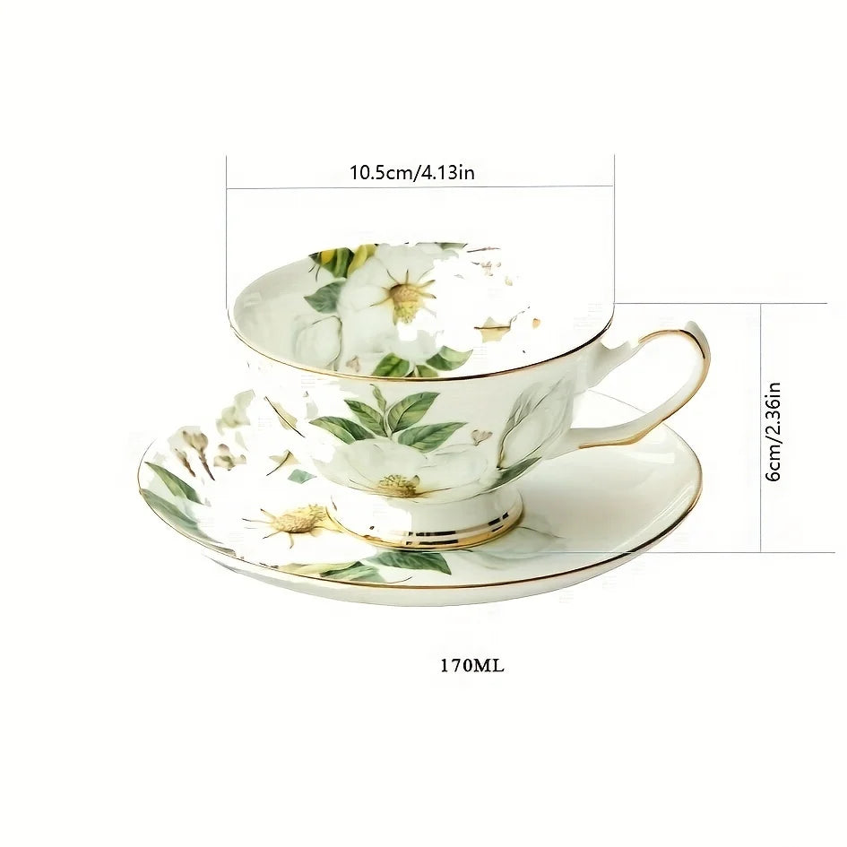 Camellia Ceramic Tea Cup and Saucer Set, elegante, perfeito para festas de chá, pequeno-almoço, elegância cotidiana, 5,7 oz