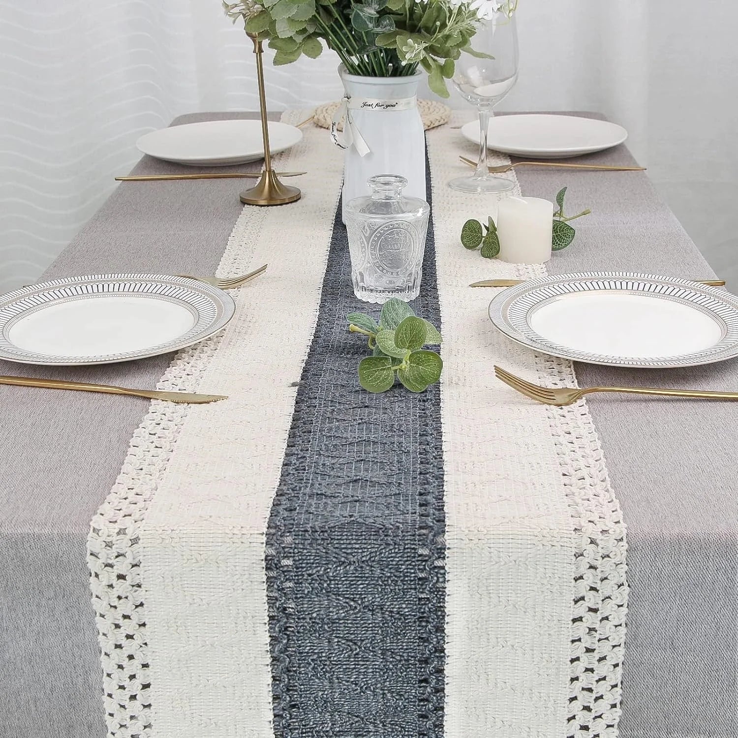 Corredor de mesa macrame creme bege e cinza boho corredor de mesa com borlas tecido à mão corredor de mesa rústico para cozinha sala de jantar