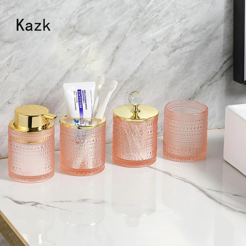 Conjunto de acessórios de banheiro de vidro rosa pérola ponto luz luxo tipo imprensa dispensador de espuma garrafa gargarejo copo armazenamento jar 4 peças conjunto