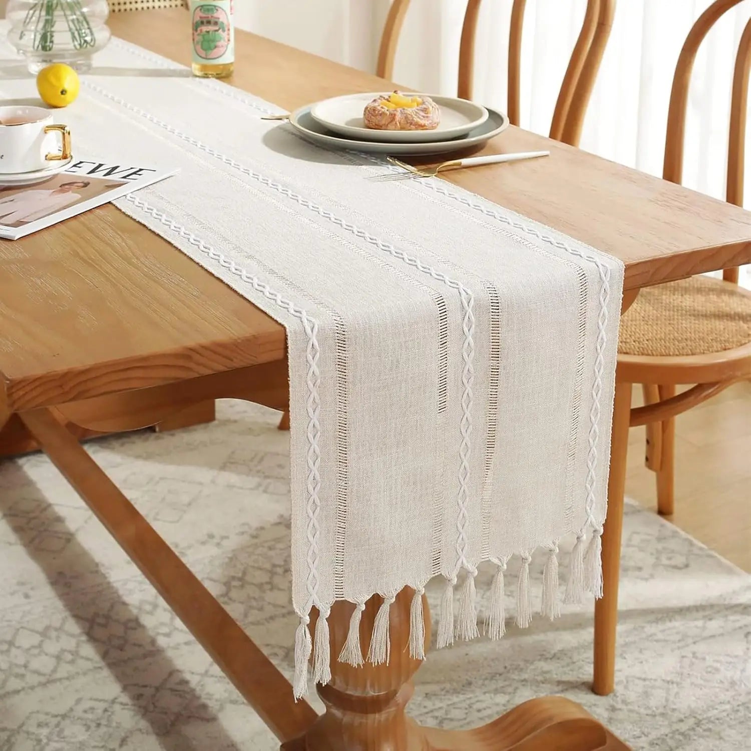 Corredor de mesa de linho de algodão, borlas tecidas à mão bordadas perfeitas para decoração de jantar de festa de casamento