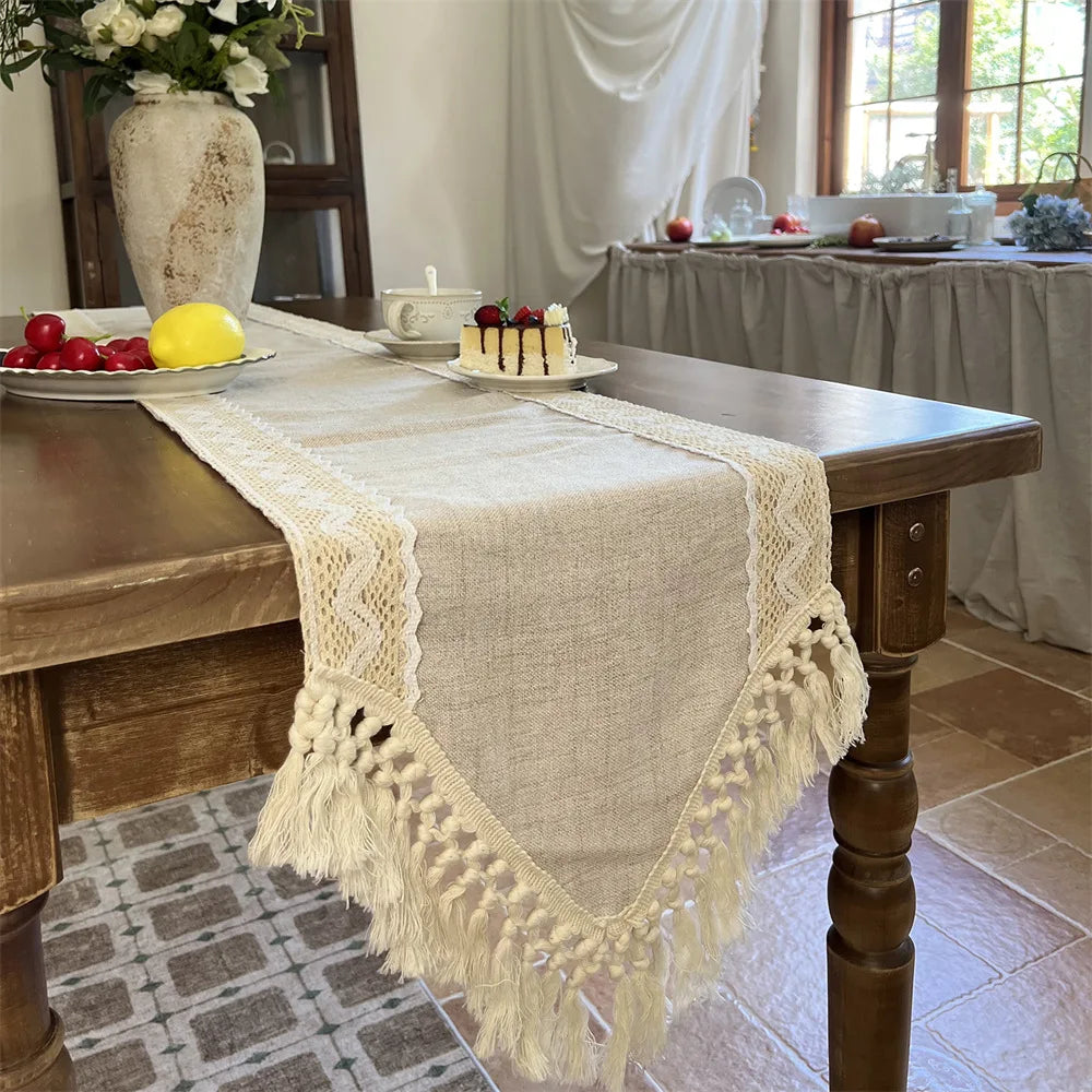 Corredor de mesa versátil, crochê, macrame, renda, borlas, bege, fazenda, pano de mesa para sala de jantar, casamento, decoração de mesa artesanal