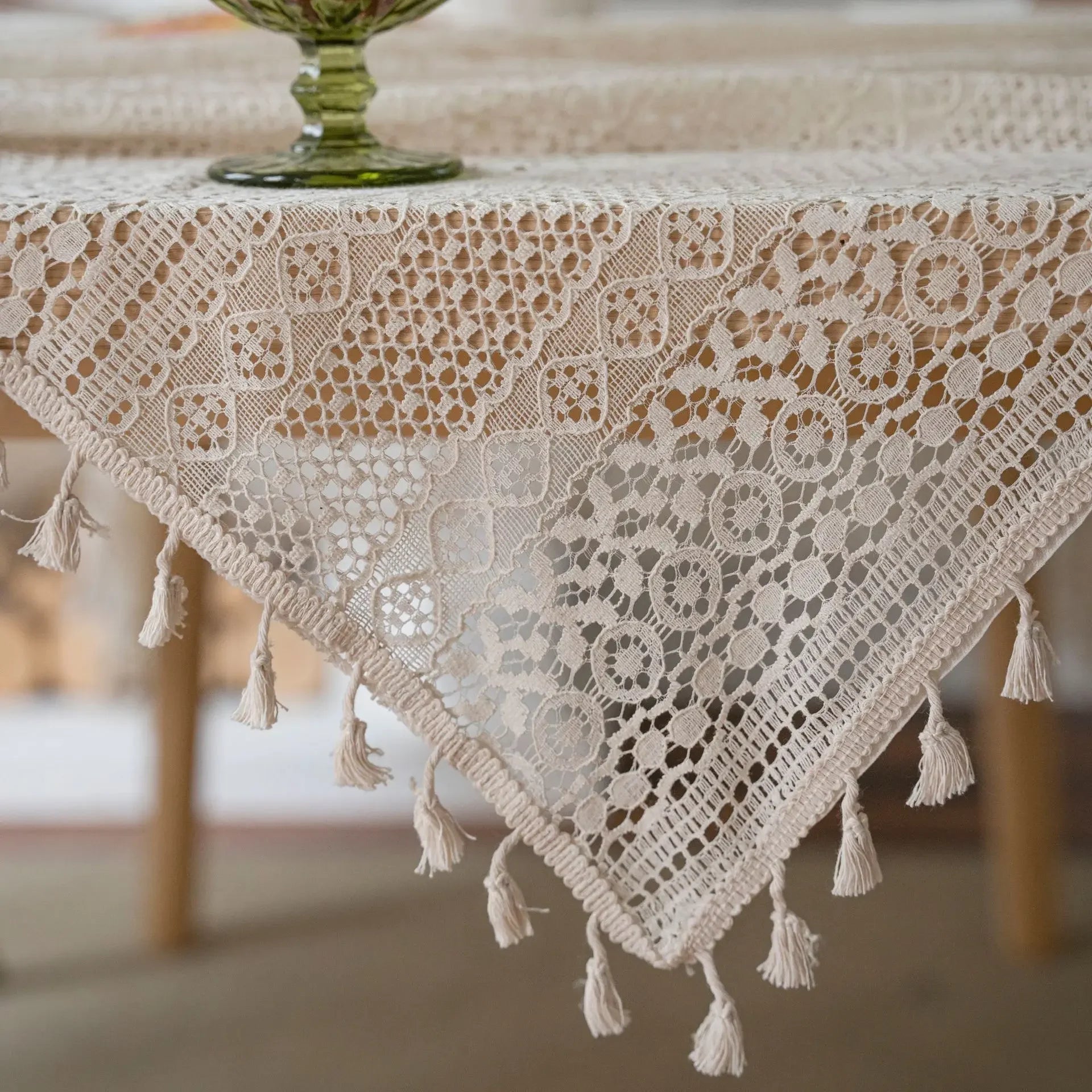 Toalha de mesa de algodão com borlas bege, fio de crochê transparente, renda translúcida para festa de casamento, cozinha, mesa de jantar decorativa