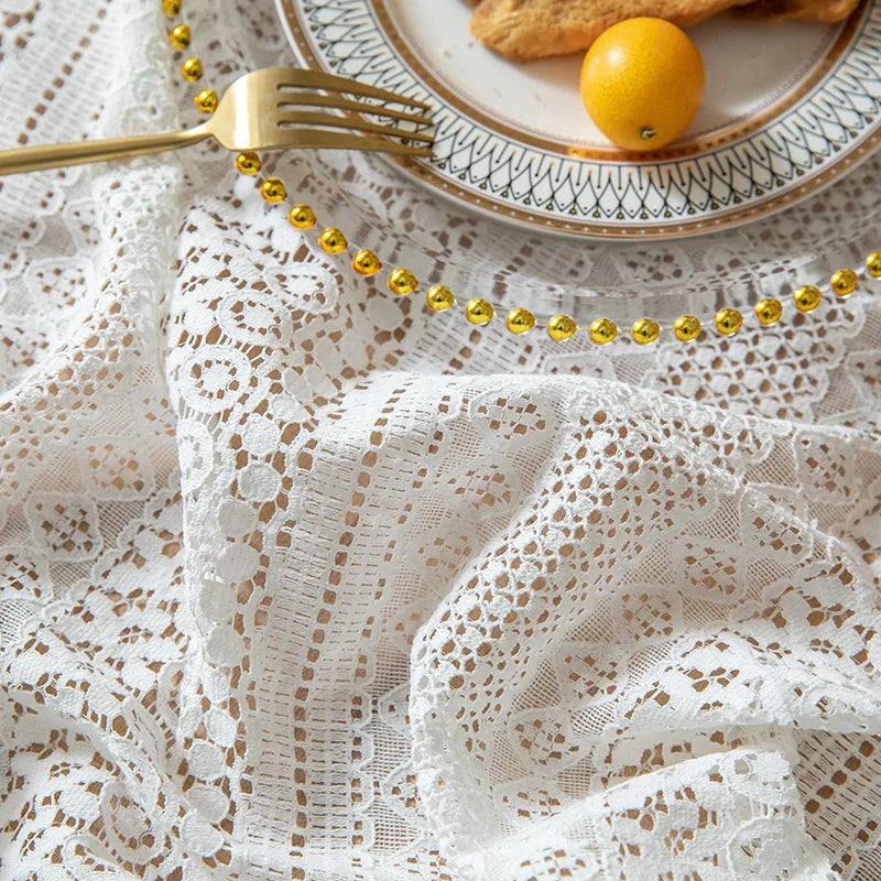 Toalha de mesa retangular de renda branca, toalha de mesa vintage com sobreposição de renda para mesa de jantar, decoração de festa de chá e casamento