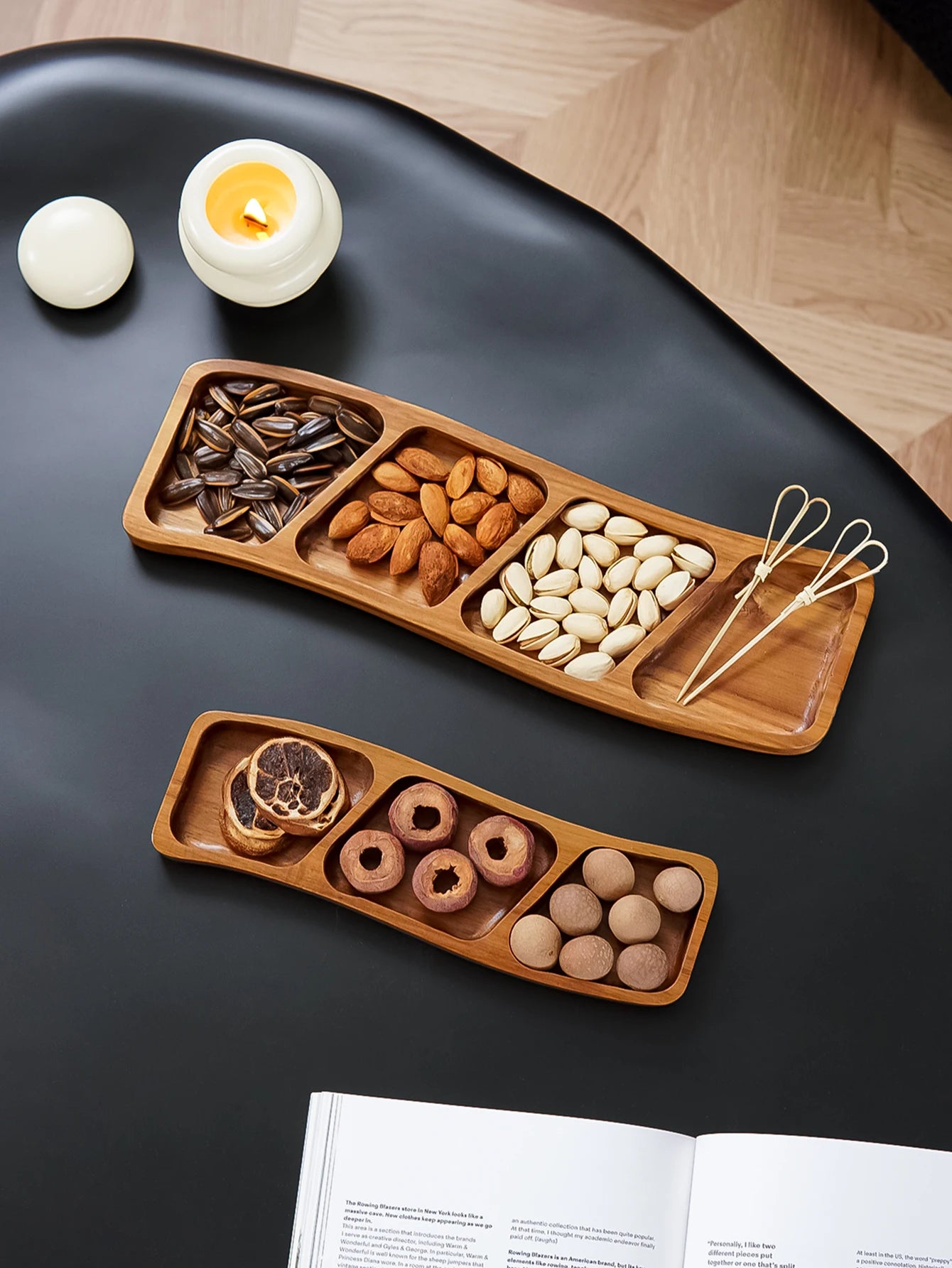 1pc de madeira três compartimentos quatro compartimentos curvo lanche placa rasa, bandeja de doces de frutas secas, tempero mergulhando placa rasa, adequado para festa de férias, jantar de família, prato de exibição de bolo de sobremesa, bandeja de biscoito de lanche de café, bandeja decorativa