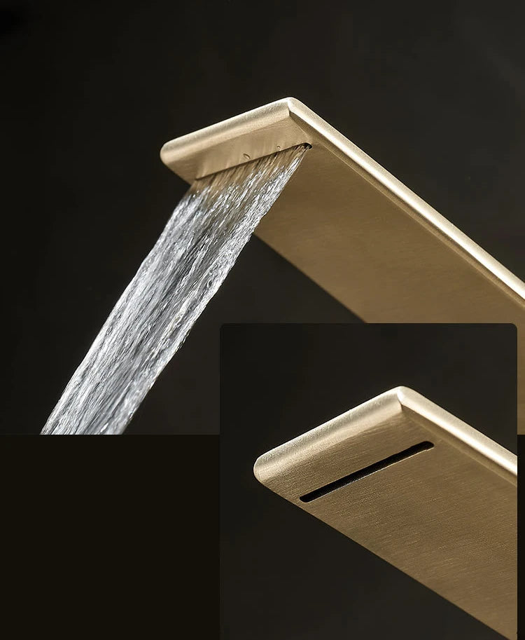 Luxo contemporâneo escovado ouro bacia de água quente & fria torneiras misturadoras pia do banheiro cachoeira bico mistura lavatório metal torneiras