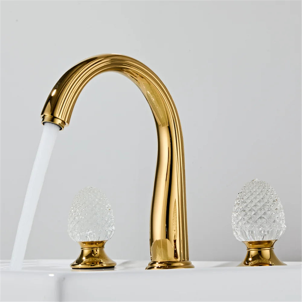 Ouro torneira do banheiro generalizada alça de cristal torneira da bacia lavabo luxo misturador da bacia quente e fria torneira da pia do chuveiro