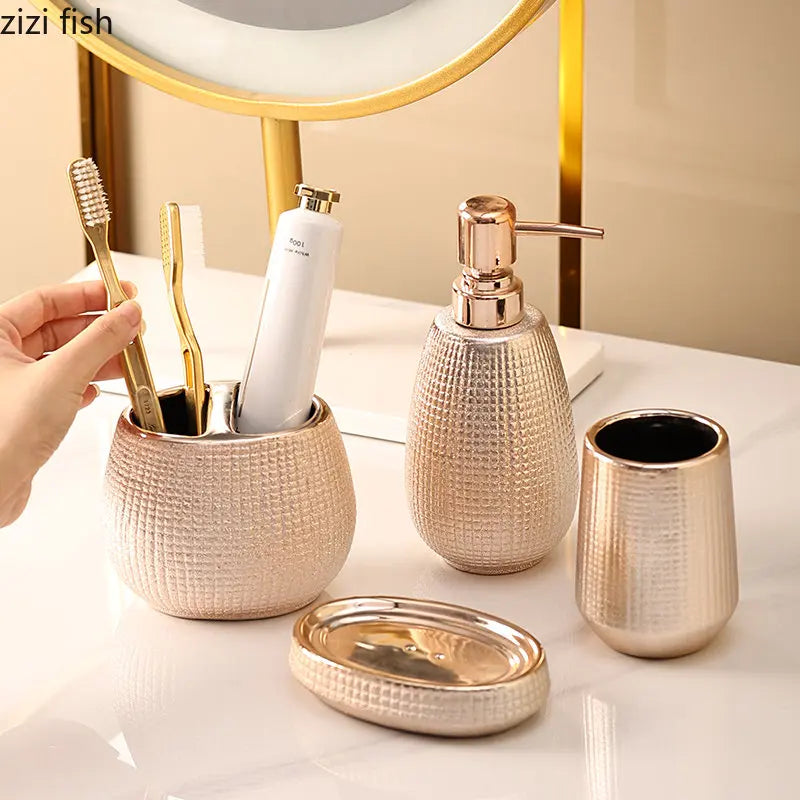 Rosa de ouro cerâmica loção garrafa bucal copo titular escova dentes casa acessórios do banheiro conjunto shampoo lavagem do corpo garrafa sabão prato