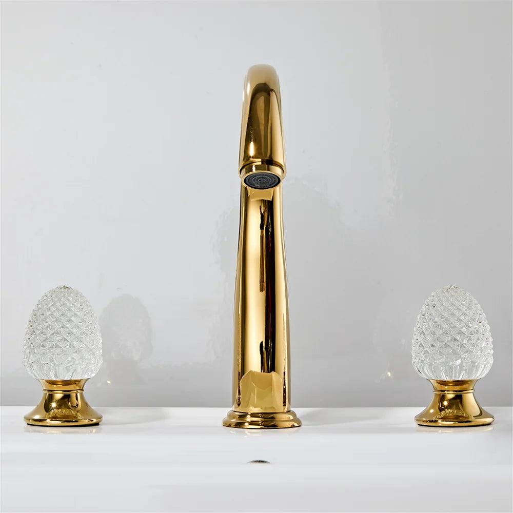 Ouro torneira do banheiro generalizada alça de cristal torneira da bacia lavabo luxo misturador da bacia quente e fria torneira da pia do chuveiro