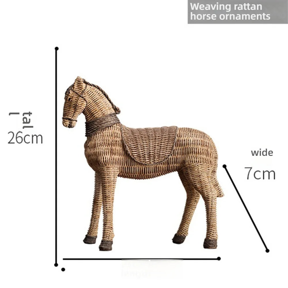 Escultura de resina de cavalo de vime enrolada – Decoração de mesa boho chique com textura de fibra natural, presente equestre para fazenda