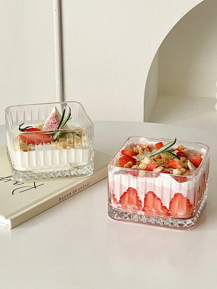 Transparente Praça tigela de vidro listrado para meninas, almoço tigela, sobremesa lanche, sorvete, sorvete, iogurte, fruta, aveia